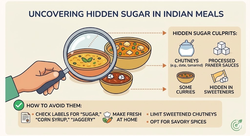 An infographic illustrating how to spot hidden sugars in Indian food, featuring a magnifying glass identifying sugar in common vegetarian dishes and chutneys, along with tips on how to avoid them.