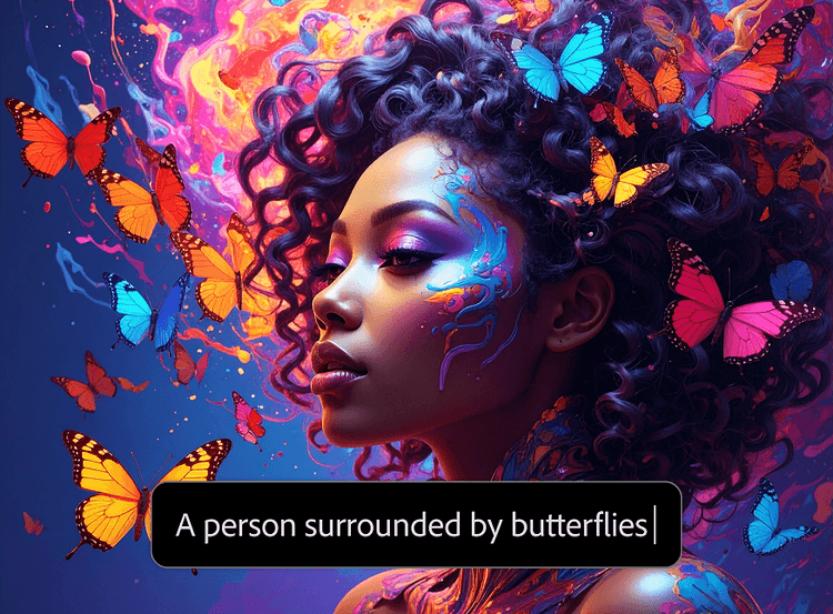 Eine Person umgeben von bunten Schmetterlingen