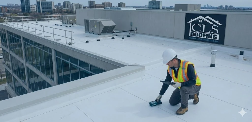 CLS Commercial roofing contractor inspecting flat roof, daylight, professional safety gear, clean modern building, realistic, high details
