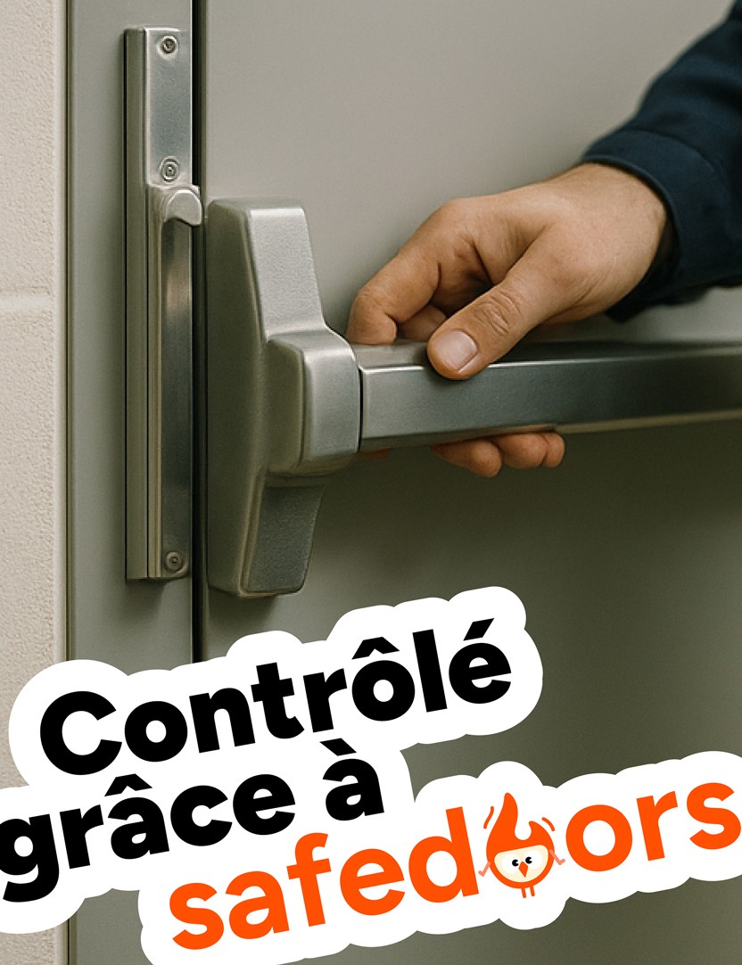 Sticker Contrôlé grâce à safedoors. Sur une photo d'une porte de sécurité.