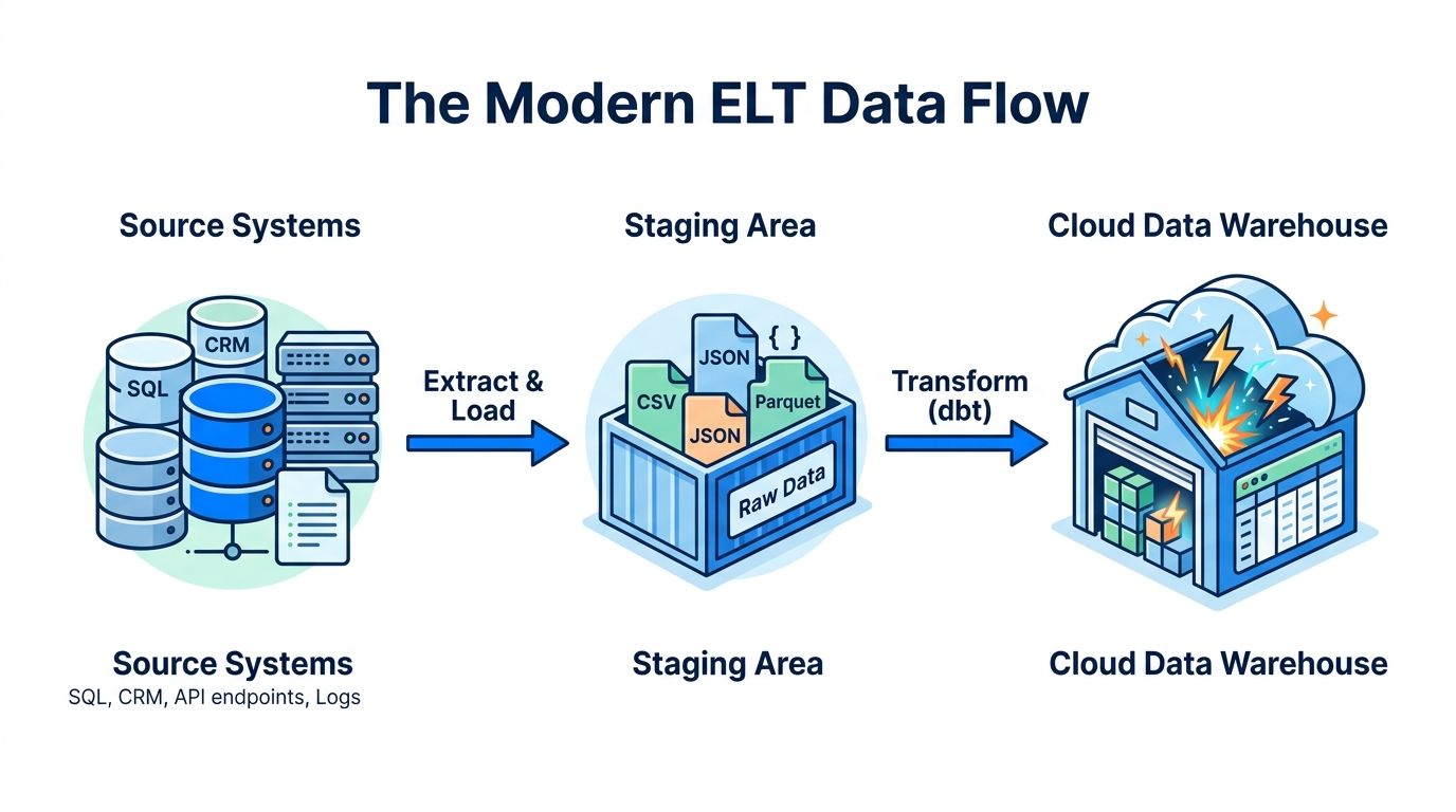 A diagram illustrating the modern ELT data flow process from source systems to cloud data warehouses.