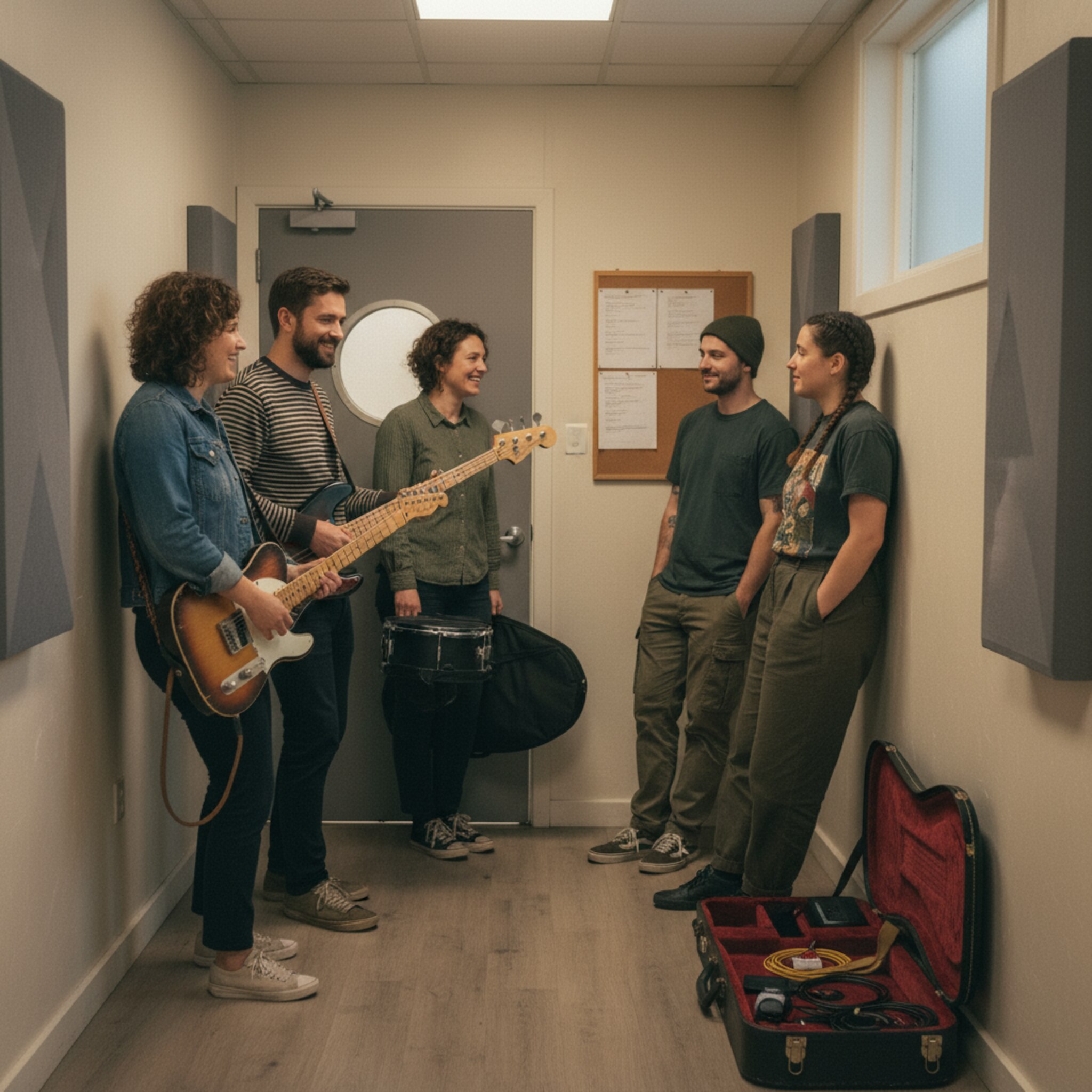 Zwei Bands begegnen sich im Flur. Eine Gruppe verabschiedet sich lachend, Instrumente im Arm, die andere steht bereit, Gitarrenkoffer geöffnet. Eine Tür fällt sanft ins Schloss. Das Licht ist warm, die Routine wirkt eingespielt und strukturiert.