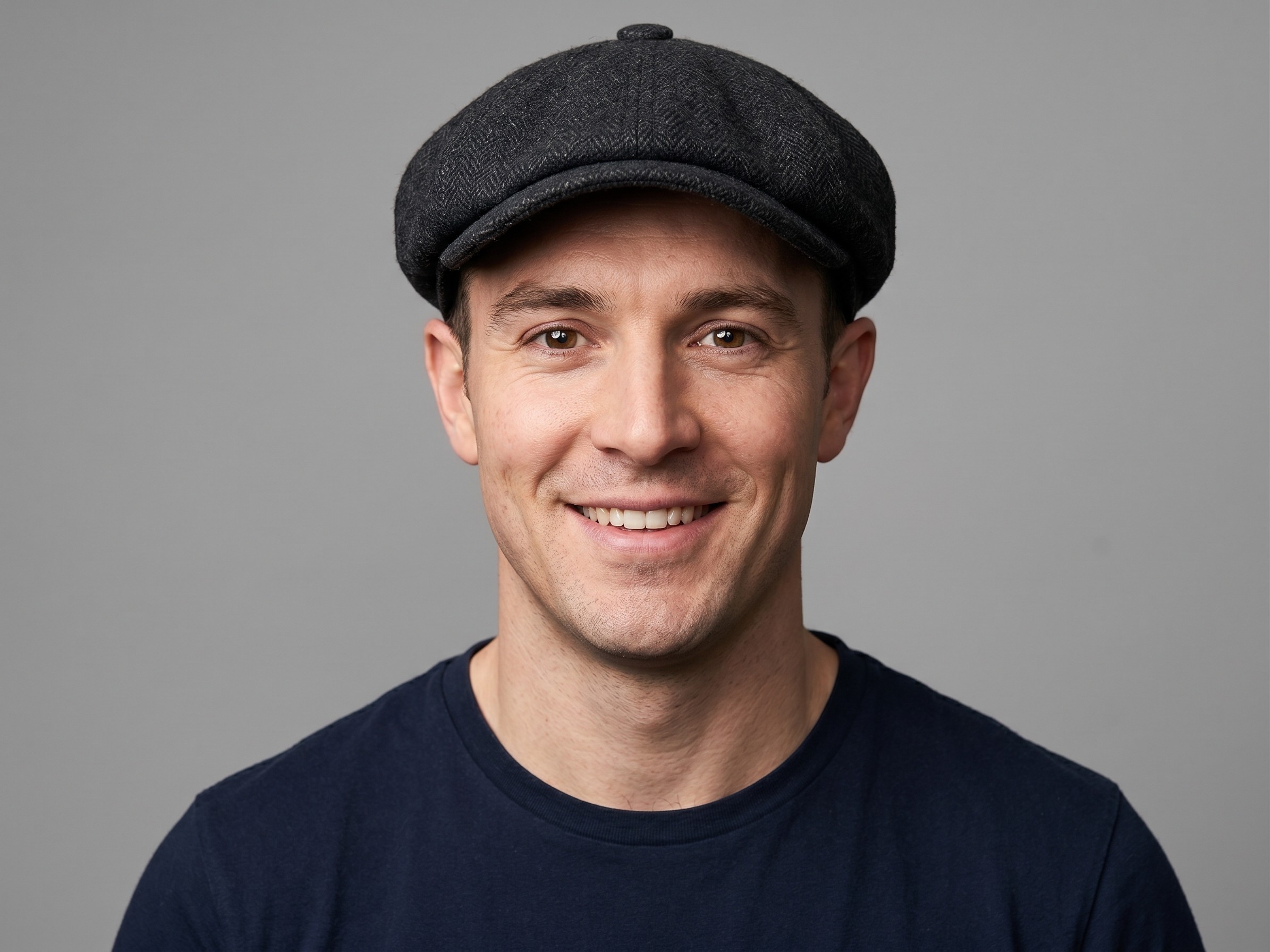 A person wearing a cap and scarf standing against an grain background.