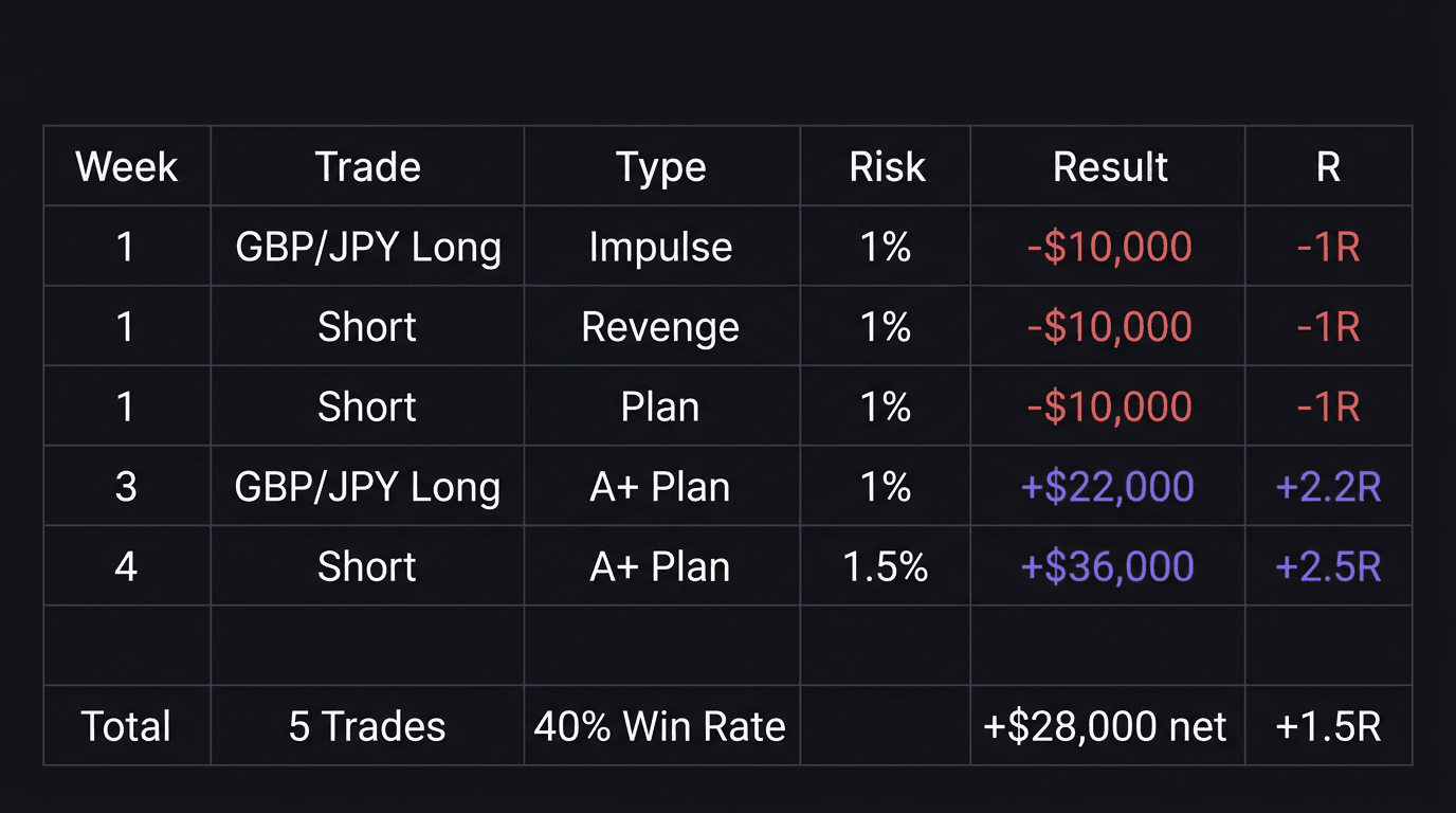 Spreadsheet table showing 5 trades with week, pair, type, risk, result, and R values for the month