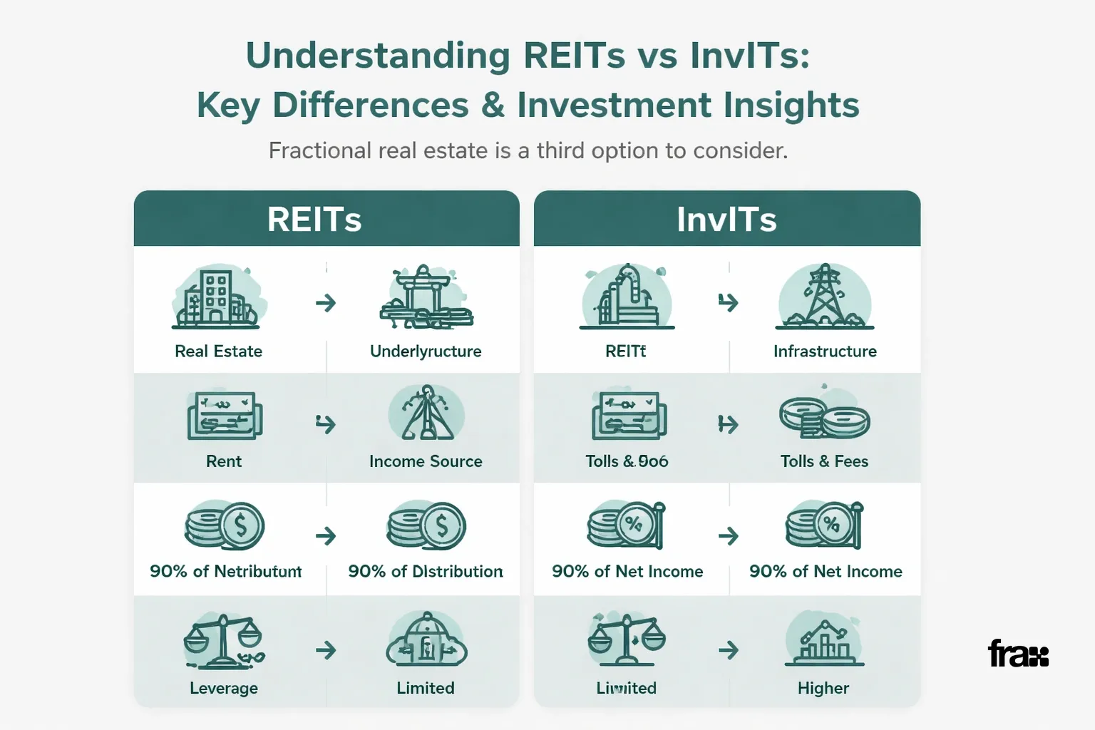 Side-by-side comparison of REITs and InvITs with key features in a minimalist grid layout.