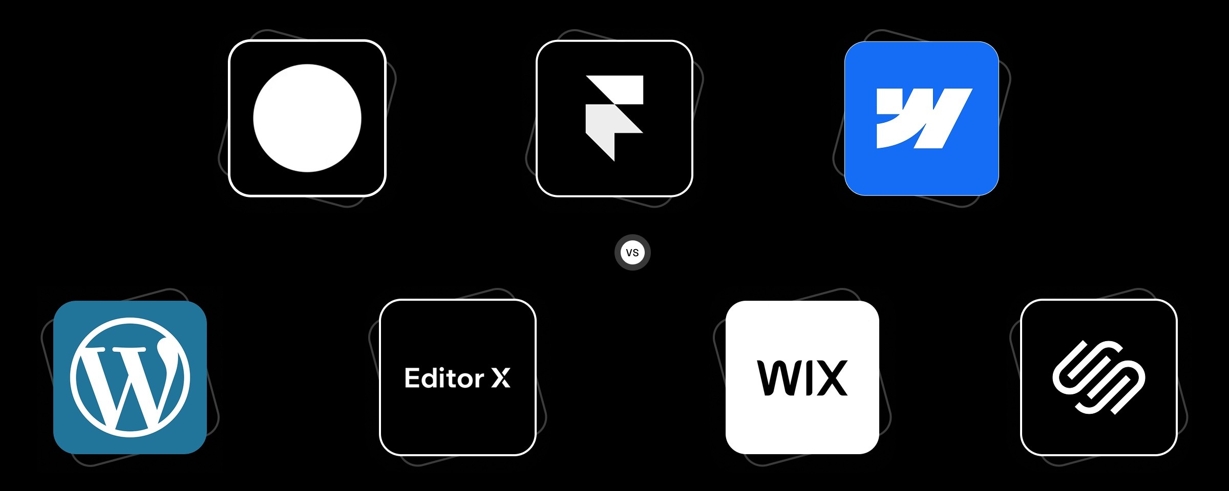 Logo of wix studio, framer, webflow, wordpress, editor x, wix and squarespace