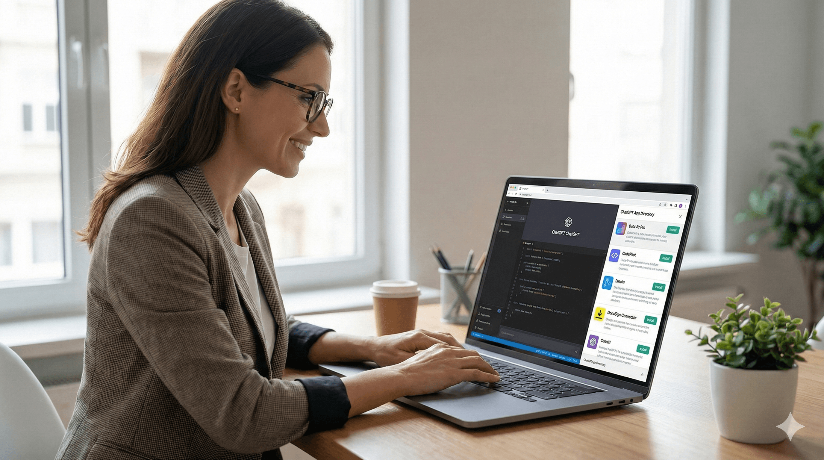 A woman in a blazer is seated at a table, using a laptop to browse an application management interface with a section labeled "Submit Apps to ChatGPT," in a bright, modern office setting.