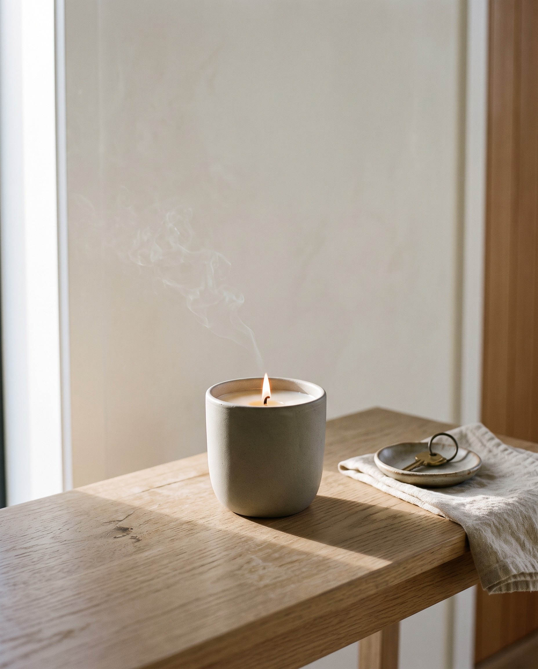 A gift candle on a hallway console