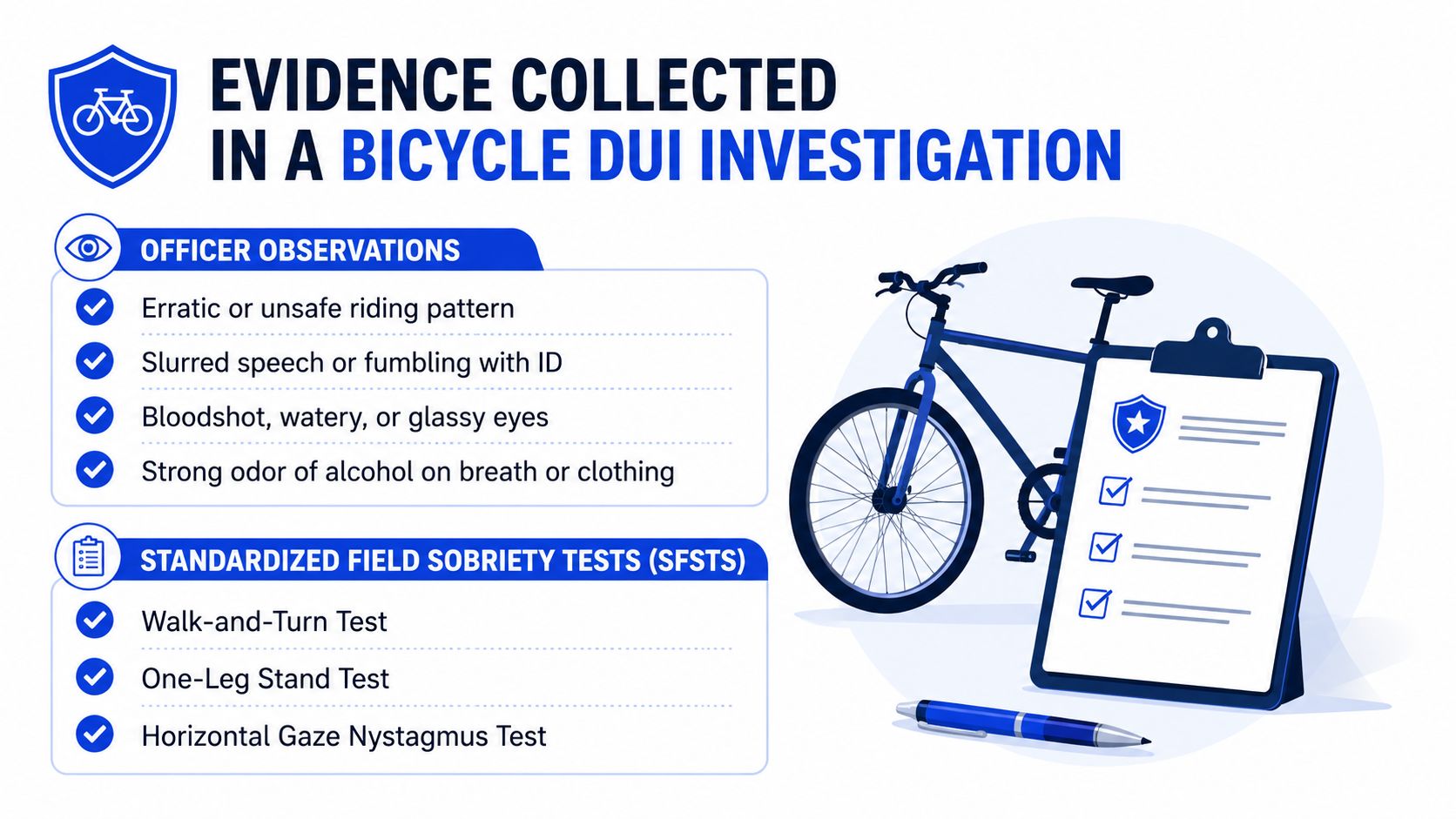 An infographic detailing the evidence collected during a bicycle DUI investigation including officer observations and field sobriety tests.