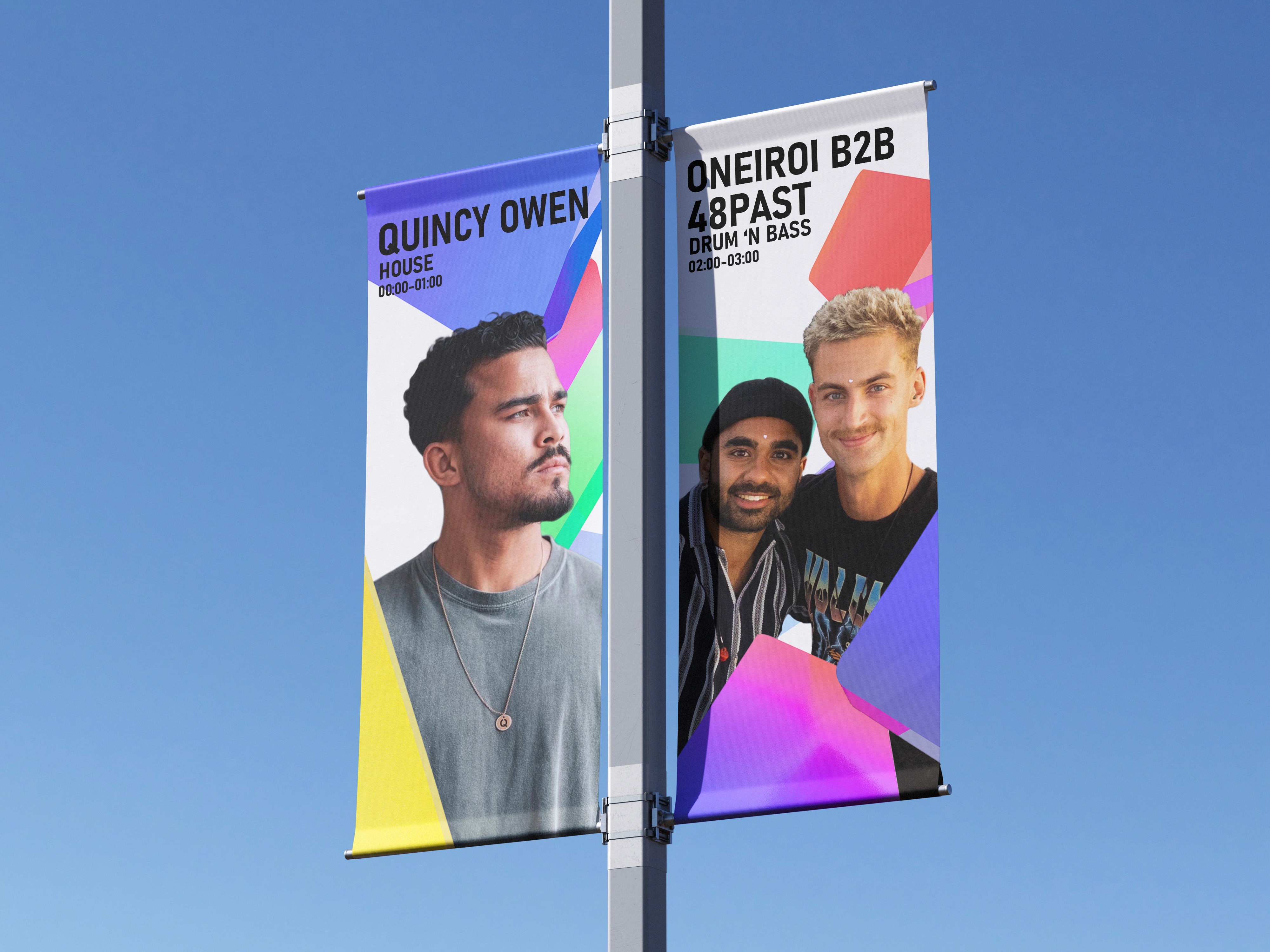 Festival flags on a pole using Thuisfront campaign artwork against a blue sky.