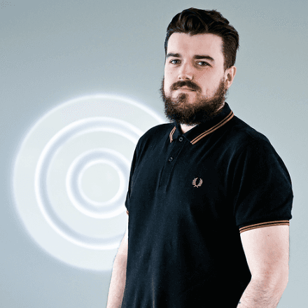 Hero image featuring a greyscaled communication platform on an abstract background.