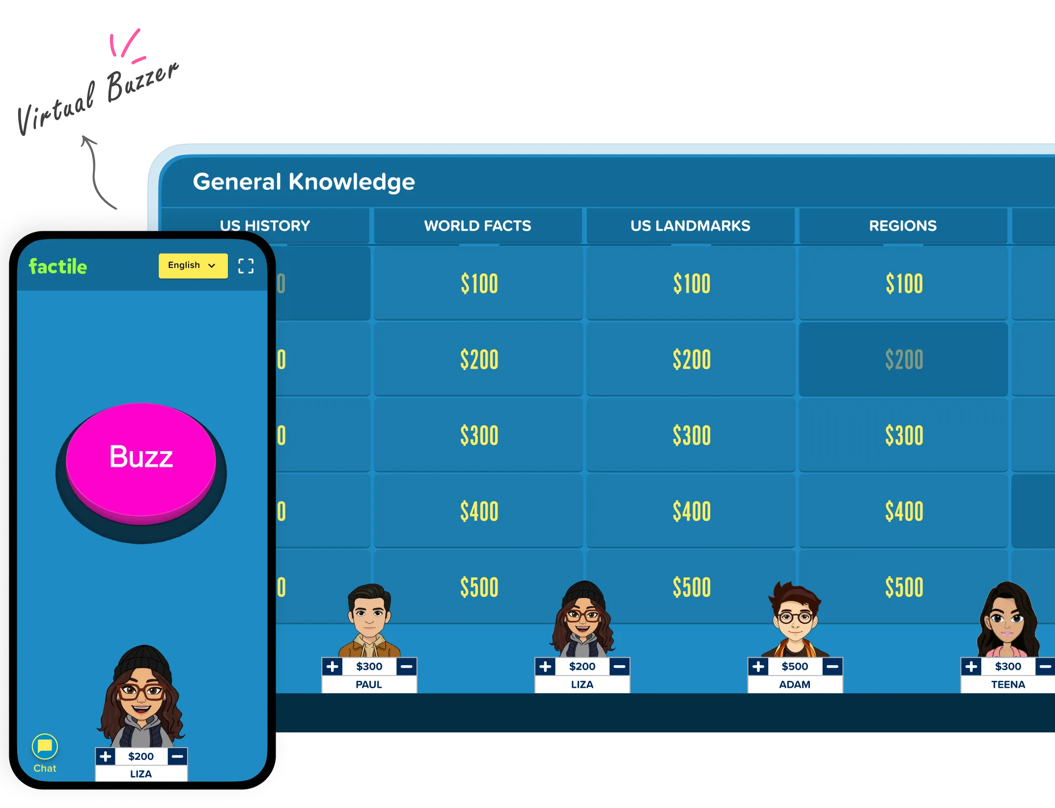 Factile Jeopardy board for General Knowledge with a phone showing the Buzz button beside player avatars Liza and James