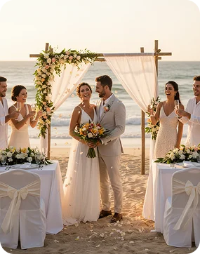 A cute couple celebrating while guests clap around them - on the beach in Fiji