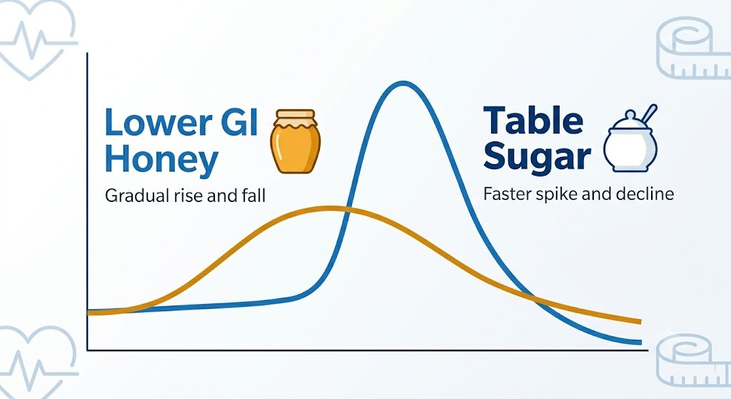 A medical infographic chart comparing the blood glucose response of "Lower GI Honey" and "Table Sugar." An orange curve labeled "Lower GI Honey" with a honey jar icon shows a "Gradual rise and fall," while a blue curve labeled "Table Sugar" with a sugar bowl icon shows a "Faster spike and decline."