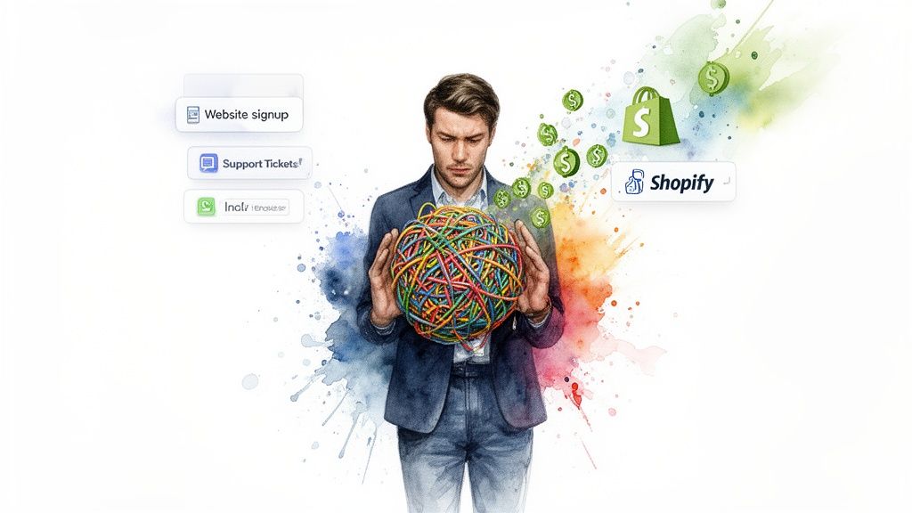 A man holds a tangled ball of colorful data, surrounded by icons for website signup, support tickets, and Shopify leading to money.