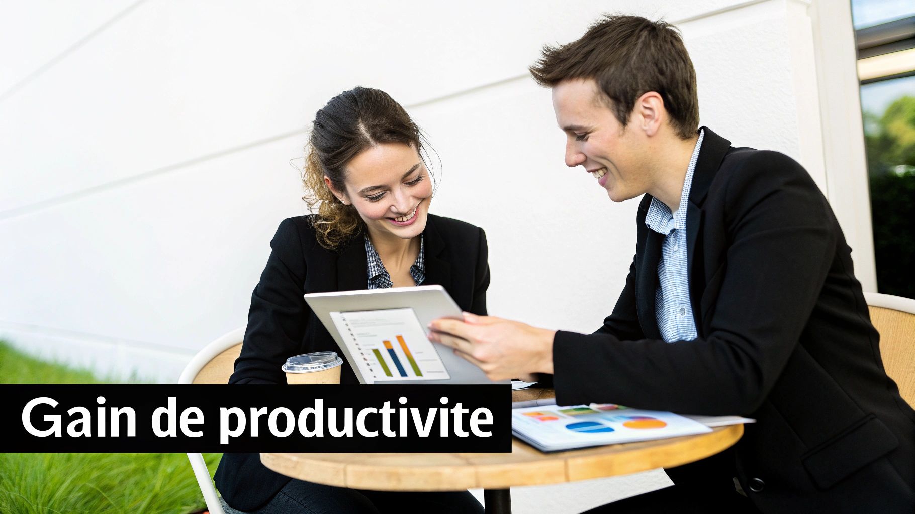 Deux professionnels souriants examinent des graphiques sur une tablette, évoquant le gain de productivité.
