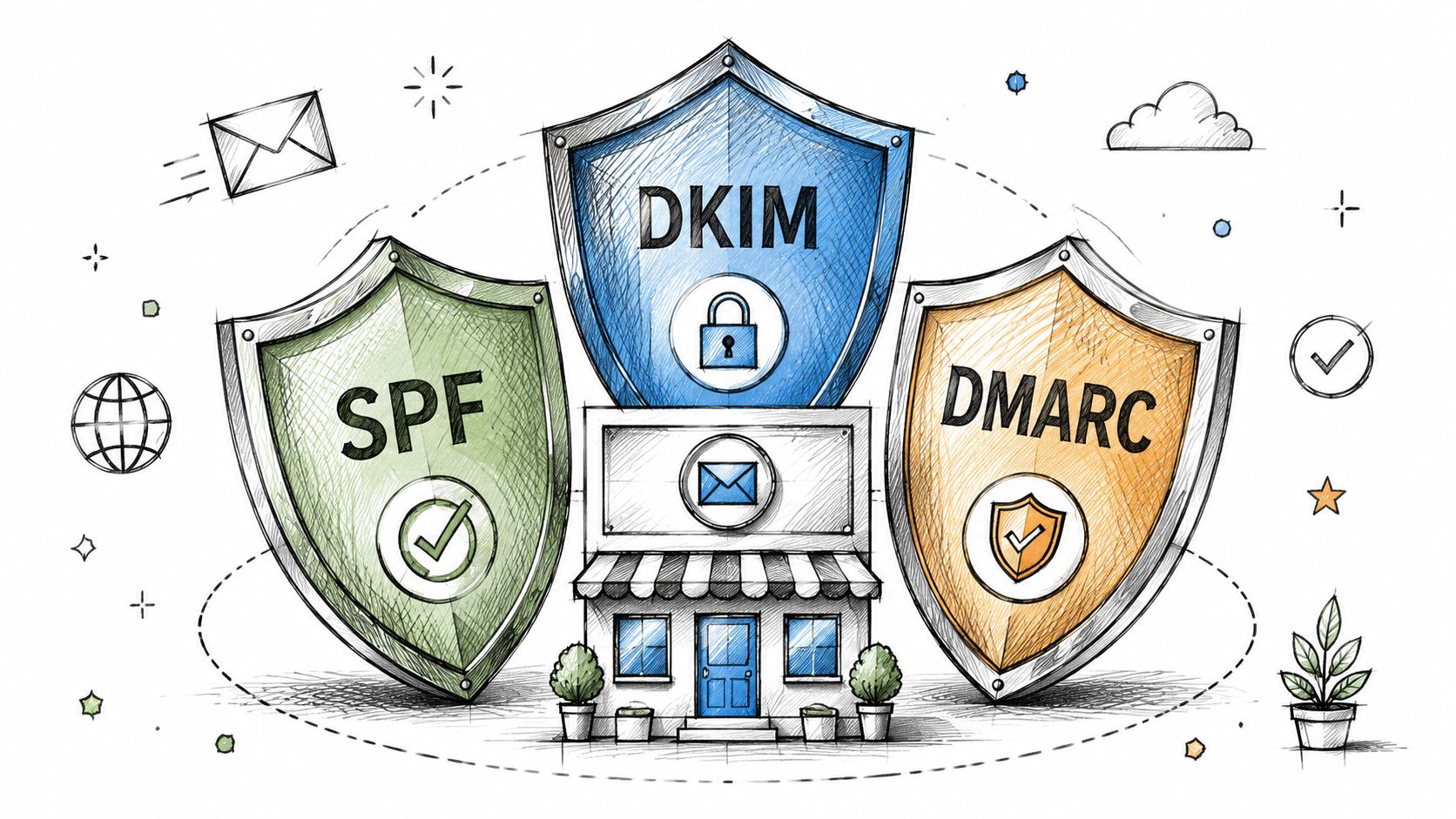 A hand-drawn illustration showing three protective shields labeled SPF, DKIM, and DMARC guarding a small digital storefront.
