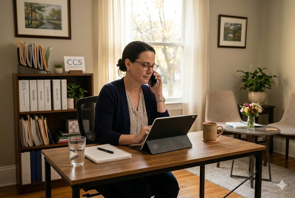 Hero image prompt  A solo home care agency owner at a small desk, calmly reviewing client notes on a tablet while speaking on the phone, with soft natural light in a modest home office, subtle branding elements suggesting professionalism and warmth. Shot on Fujifilm X T4, aspect ratio 3:2