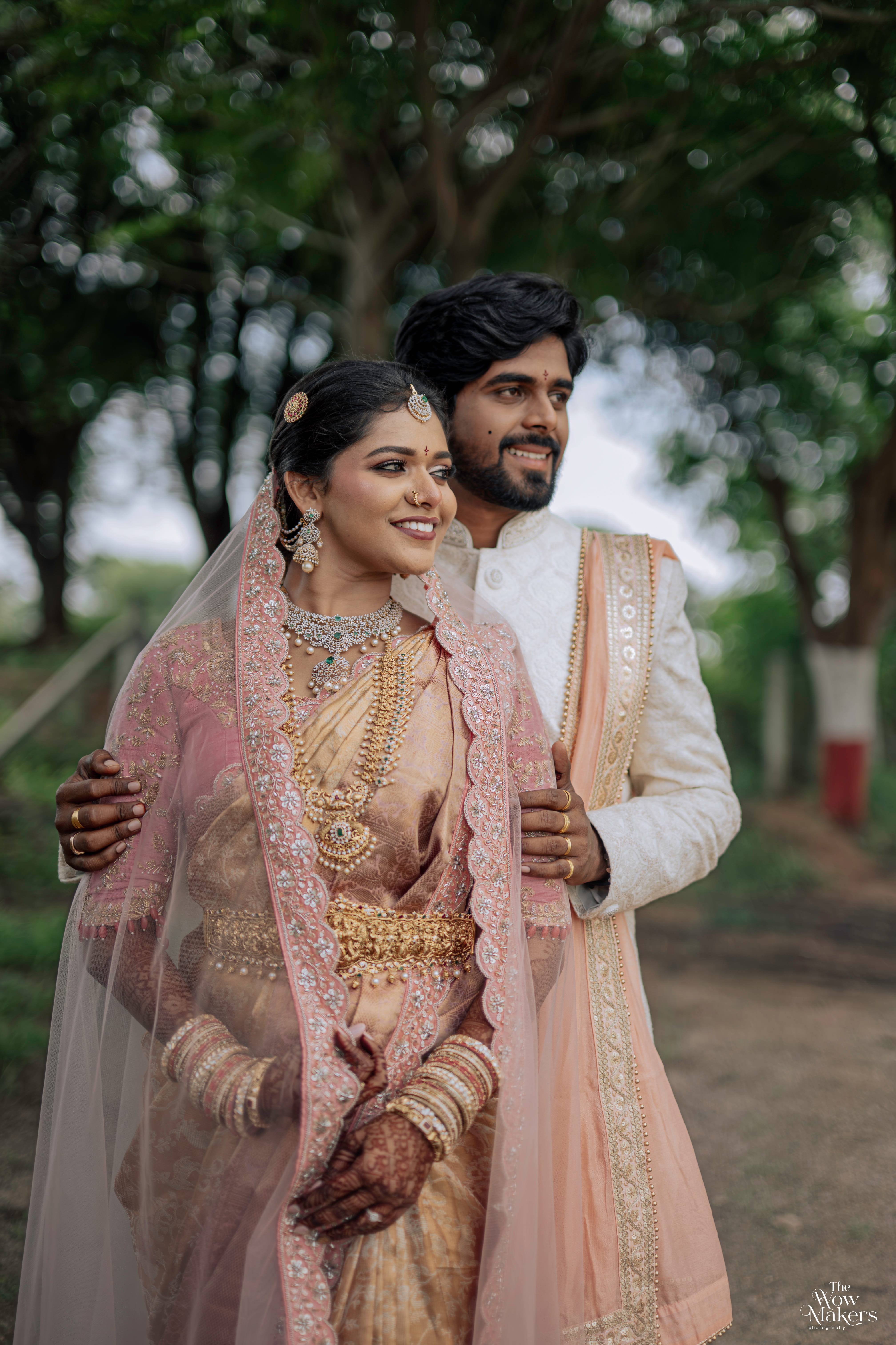 Wedding day photo collage with bride and groom in maroon and gold attire, jewelry and ring close-ups, captured by Wow Makers in Hyderabad, India.