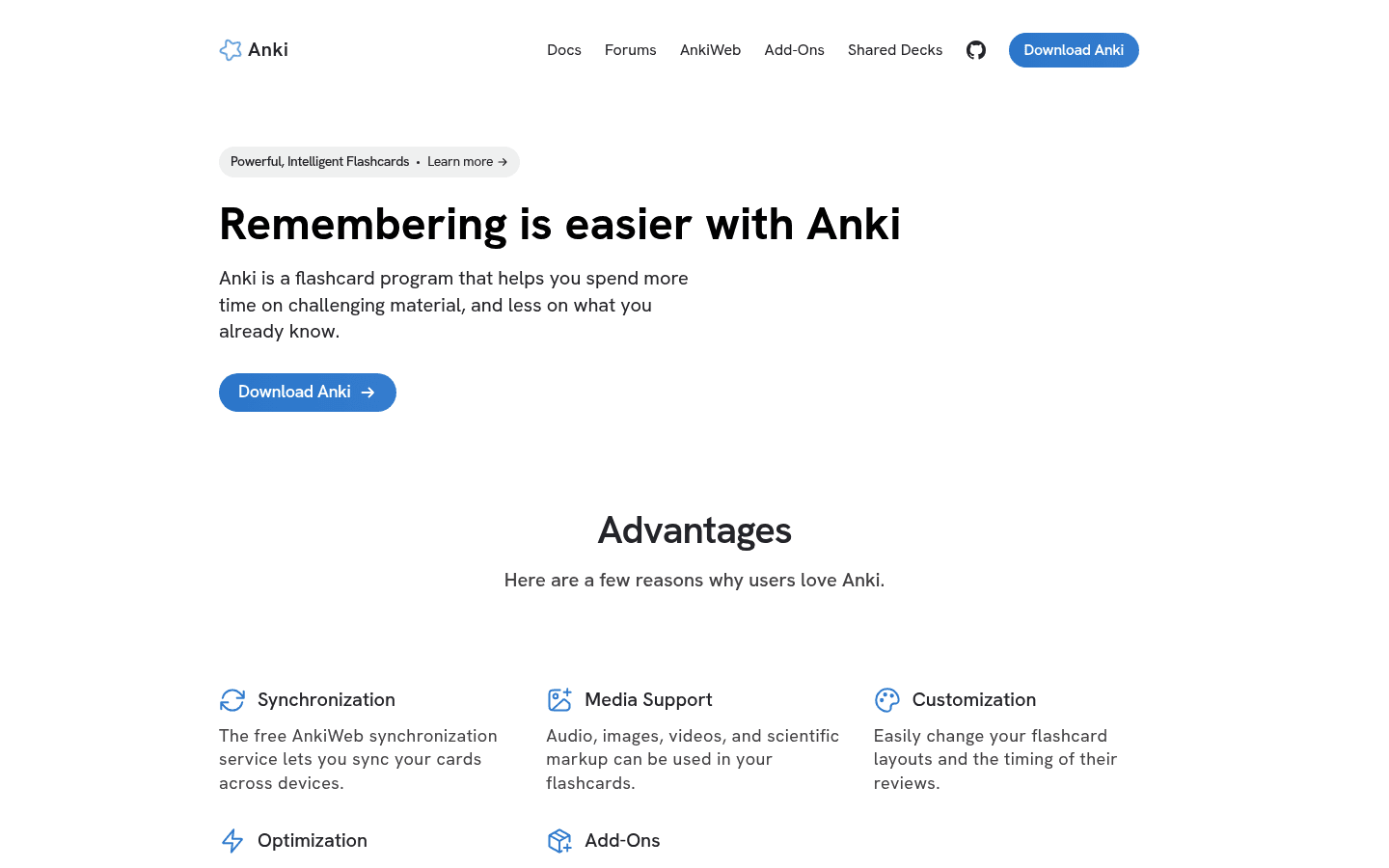 Anki flashcard app homepage screenshot