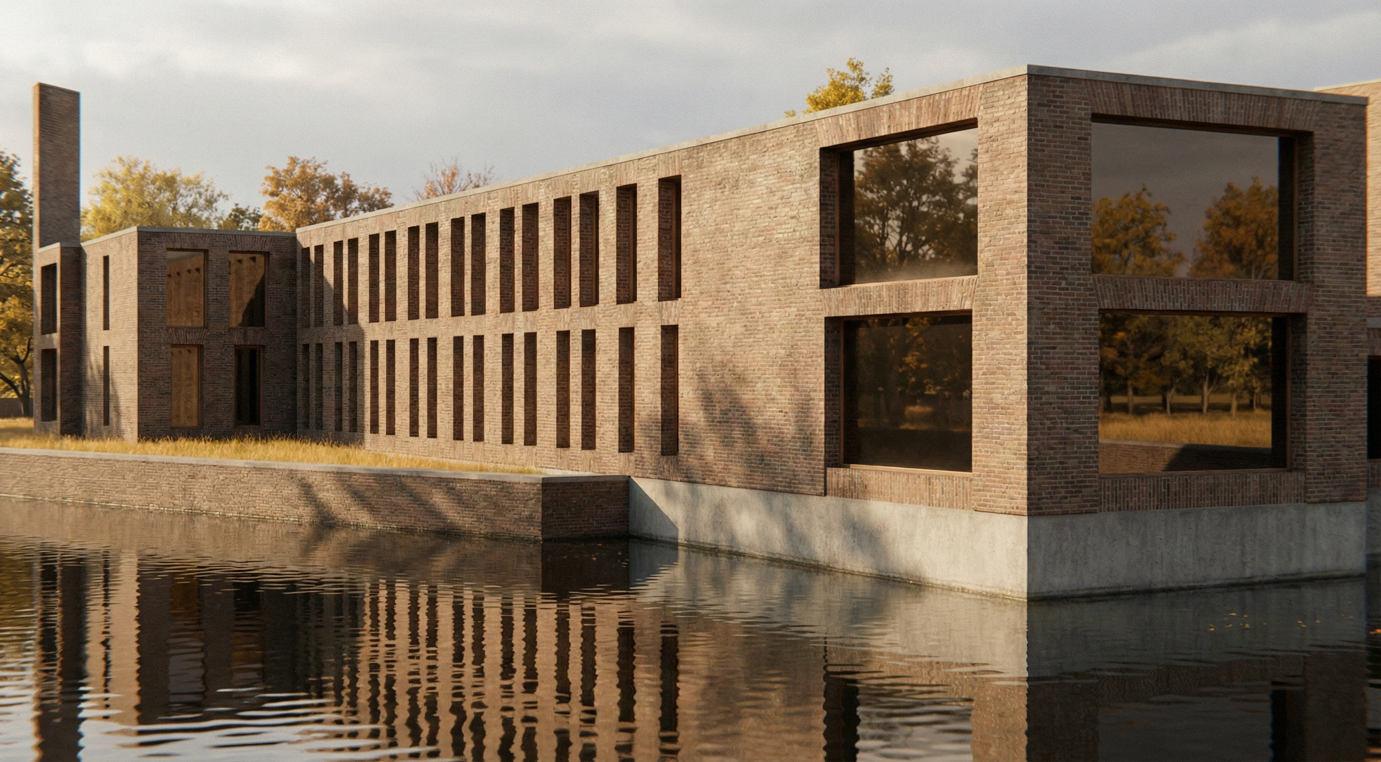 Brick monastery courtyard exterior in golden hour light — Dominican Motherhouse I AI reconstruction