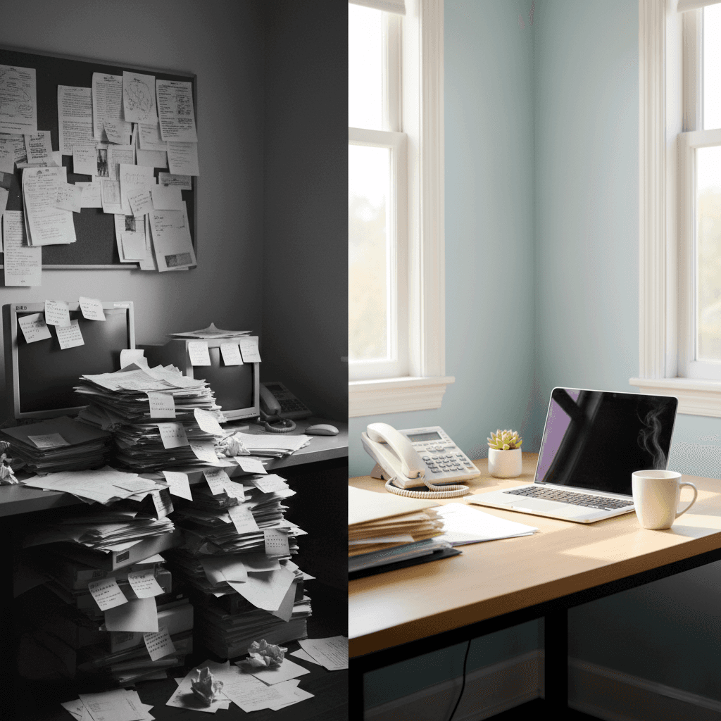 Comparaison avant-après automatisation des relances : bureau désorganisé versus bureau optimisé