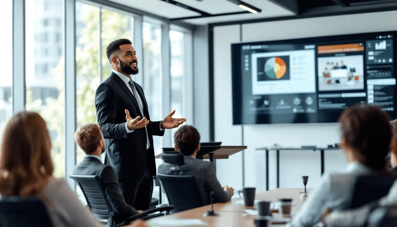 A professional is delivering a presentation to an engaged audience in a modern conference room, emphasizing the importance of personal branding and professional growth. The attendees appear attentive, reflecting a growth mindset and a desire for personal development and self-improvement.