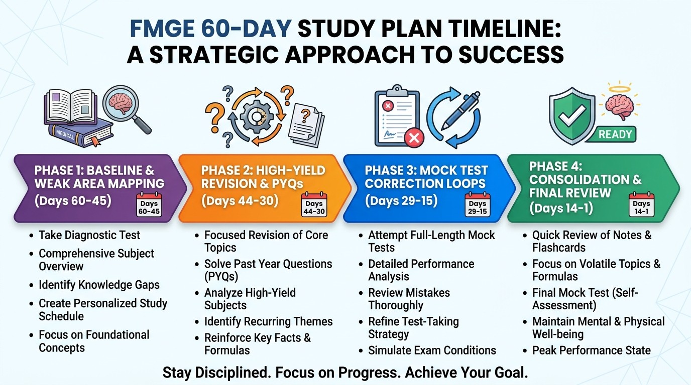 FMGE 60-day study timeline with phases breakdown