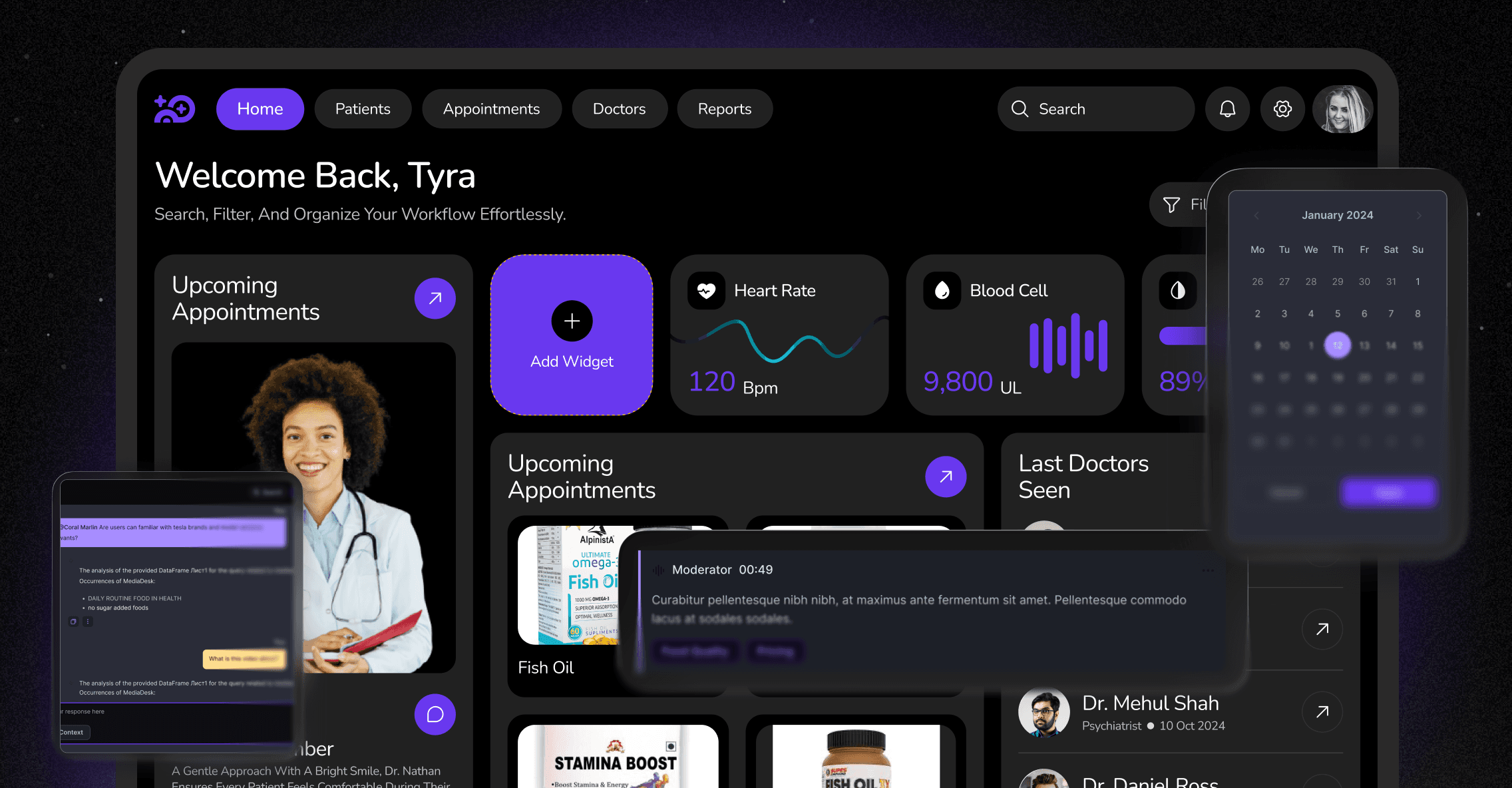 iPad displaying medical dashboard welcoming back Tyra with navigation tabs Home, Patients, Appointments, Doctors, Reports; widgets showing heart rate 120 bpm graph, blood cell 9.8 count, calendar January 2026; upcoming appointments for Dr. Patel and Dr. Mahmoud; recent visits section with Dr. Suhail; profile photo of woman doctor in scrubs against dark theme interface.