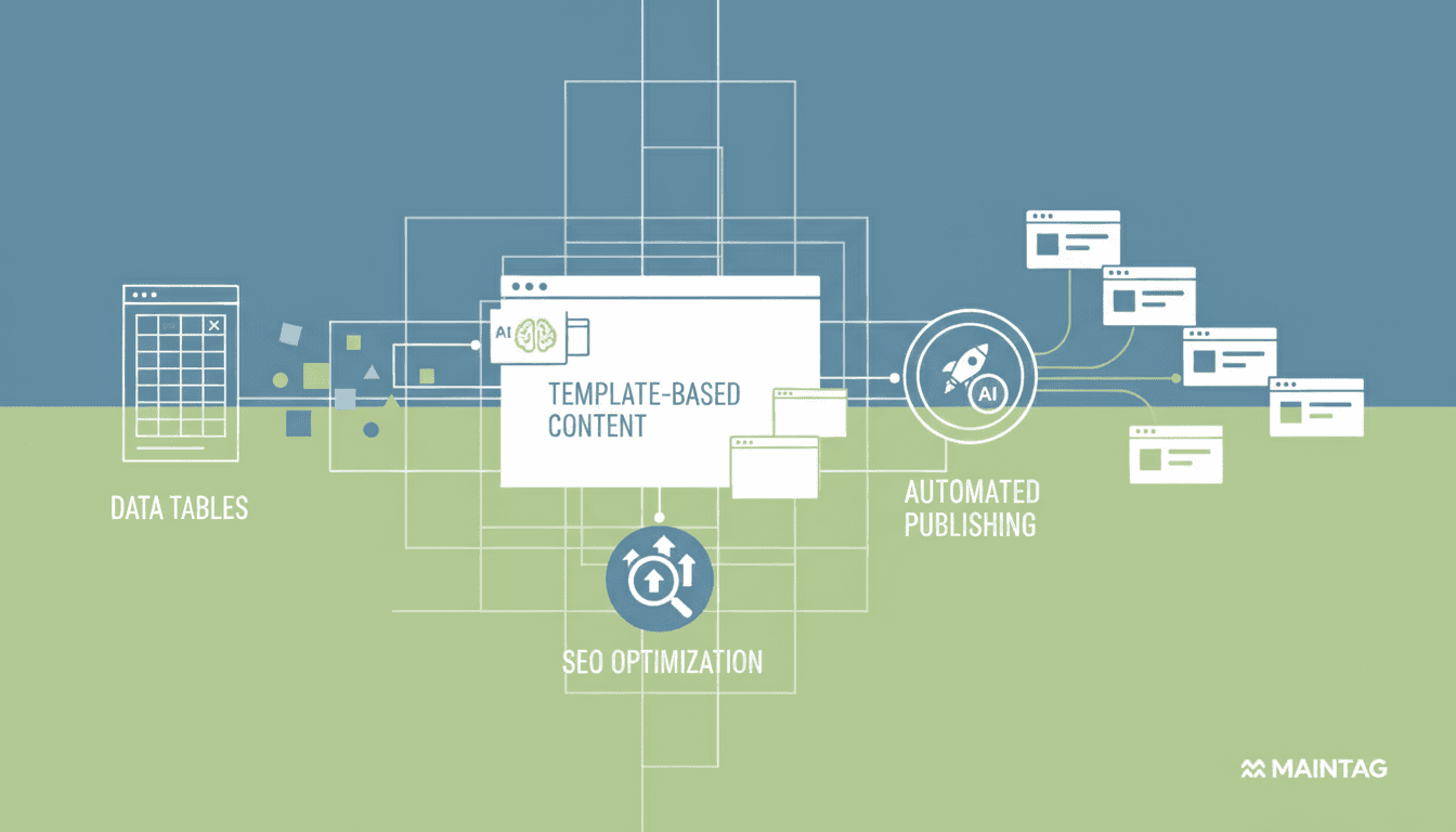 A clean, modern illustration showing programmatic SEO workflow and automation. Visualize the concept of template-based content generation with data flowing from spreadsheets into multiple web pages, with visual elements representing AI content generation, automated publishing, and SEO optimization. Use a professional tech aesthetic with blues, greens, and whites. Include abstract representations of data tables, web pages, and connectivity between systems.
