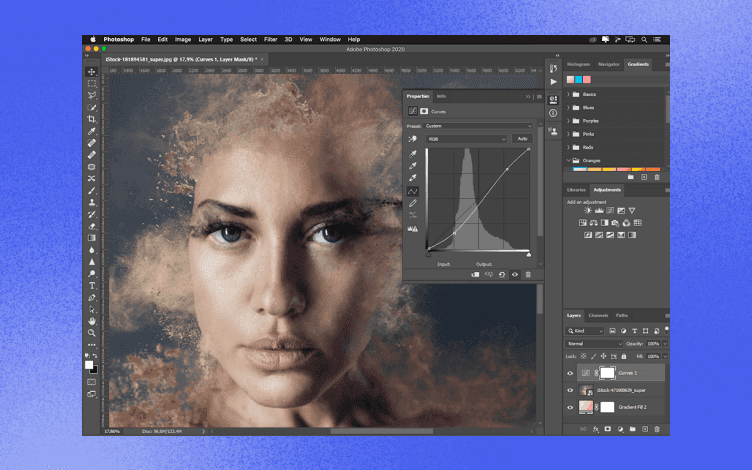 Screenshot of editing a photo of a woman’s face on Adobe Photoshop