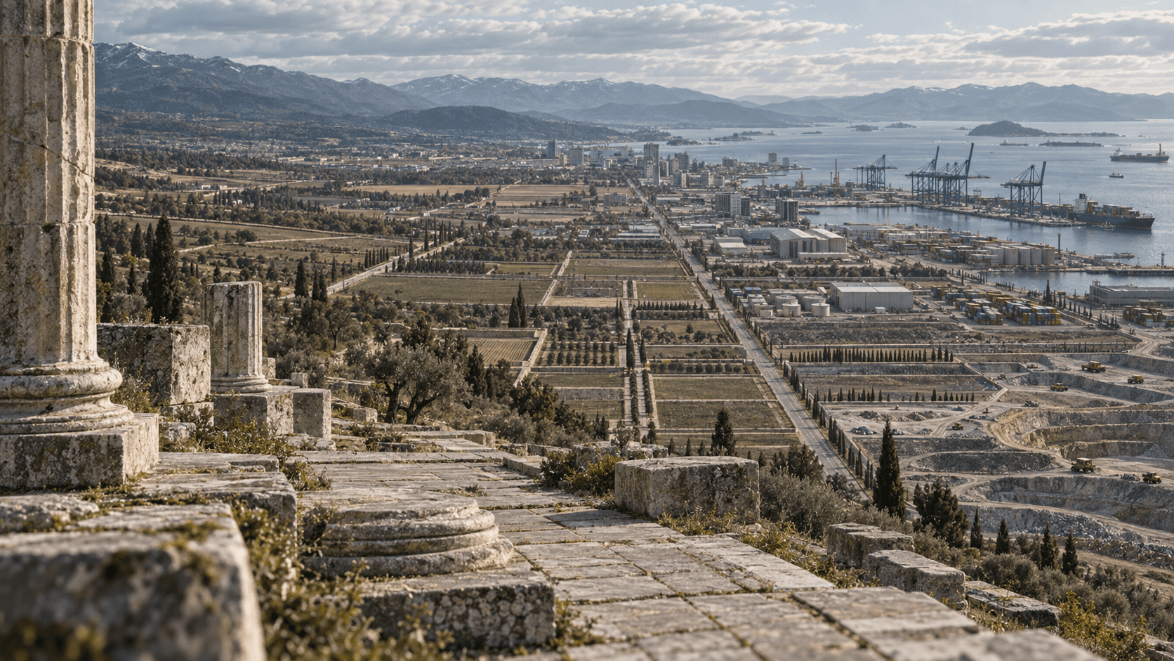 Ancient columns overlook farmland, industry, a port and an expanding city.