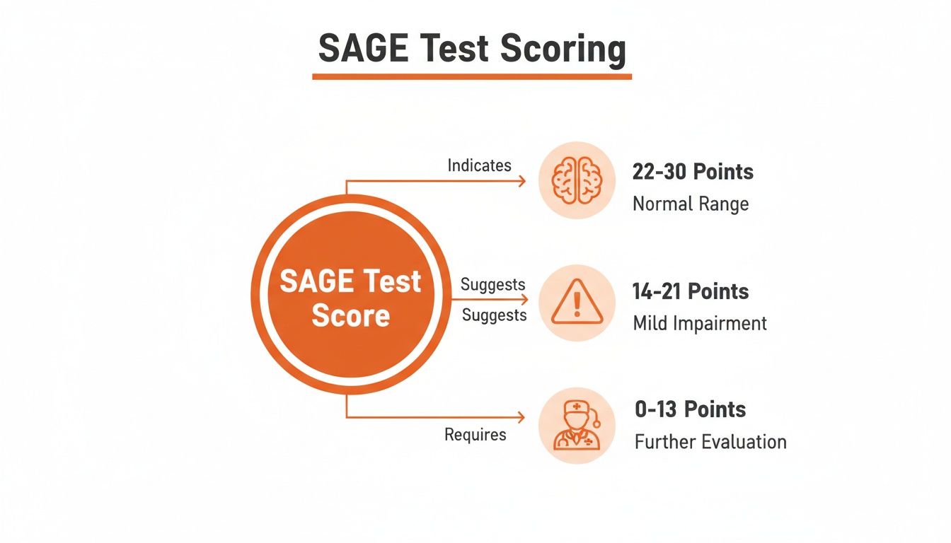 SAGE Test Scoring chart illustrates cognitive assessment results, categorizing scores into normal, mild impairment, or needing further evaluation.