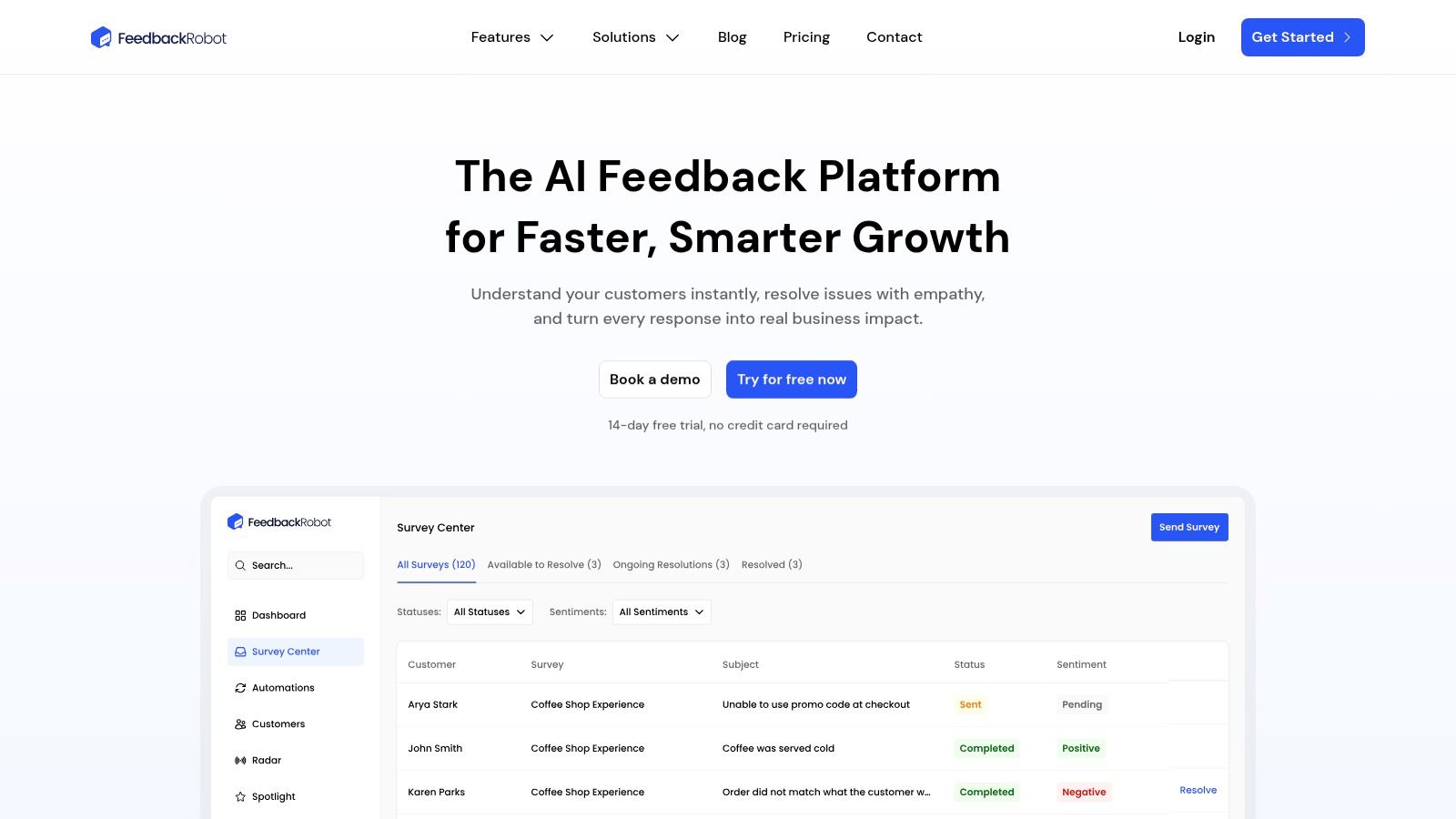 FeedbackRobot Dashboard showing customer feedback analytics and trends.