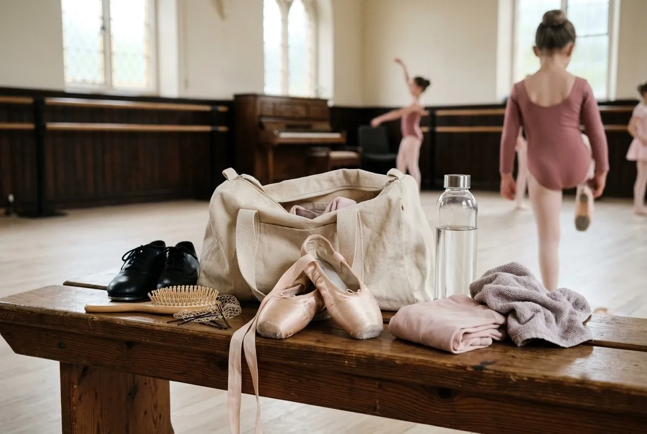 A dance bag with ballet shoes, tap shoes, a towel and a water bottle on a bench