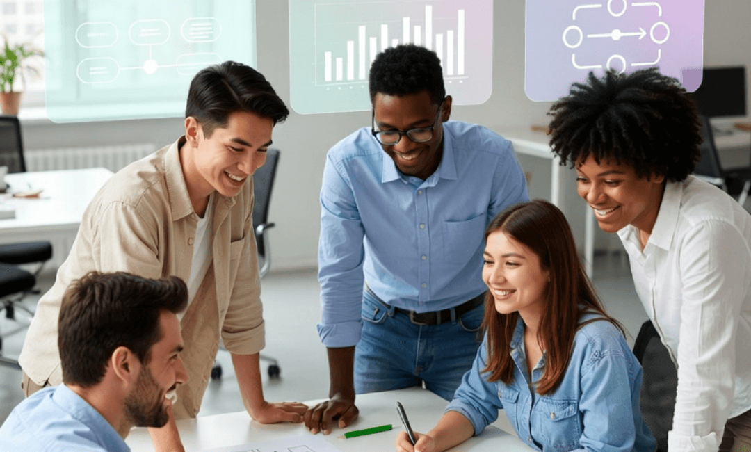 A diverse team collaborating around a desk, reviewing ideas and data in a modern office environment.