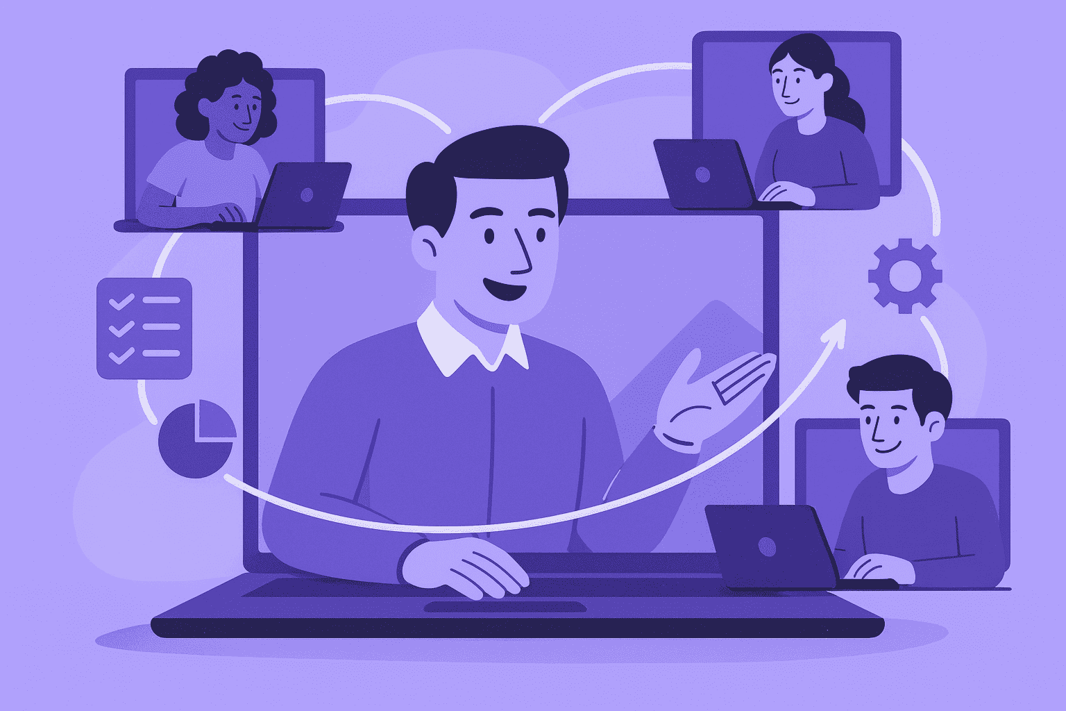 A flat-style digital illustration of a confident remote leader on a video call guiding connected team members across multiple screens, symbolizing clear communication, trust, and collaboration in remote leadership.