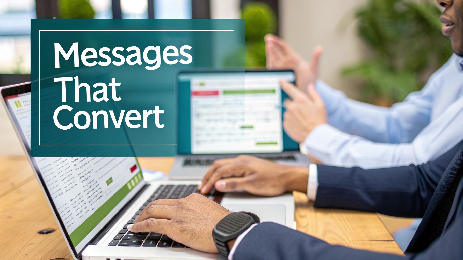 Two business professionals collaborating on laptops, one typing while the other points at a screen, overlayed with 'Messages That Convert'.