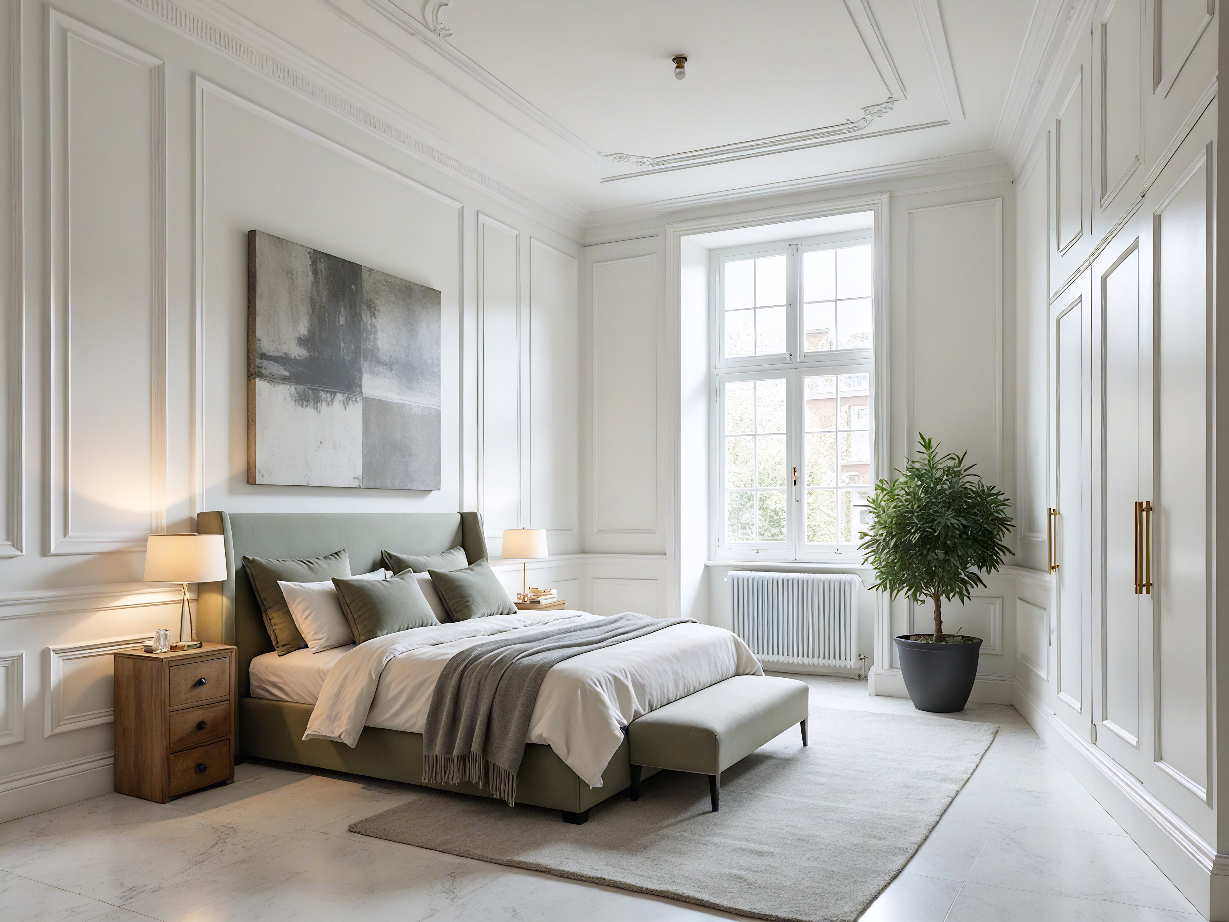 A spacious dining room with off-white marble-patterned flooring, off-white walls with light grey raised panels, and a high ceiling with two skylights and a decorative frieze. The centerpiece is a white square marble table with ten dining chairs, some of which are beige. In the center of the table is a decorative dark green-colored vase with a planted small bush. In the far corner to the left is a tall dark green potted plant. Above the limestone fireplace in the far right corner is a textured grey square artwork.