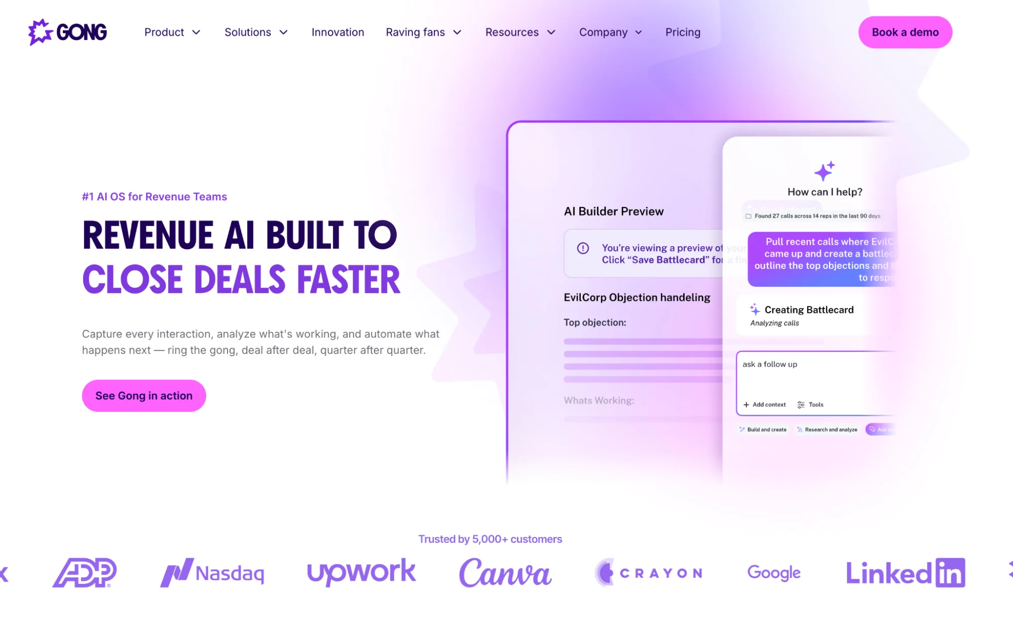 Gong homepage: revenue intelligence and conversation analytics