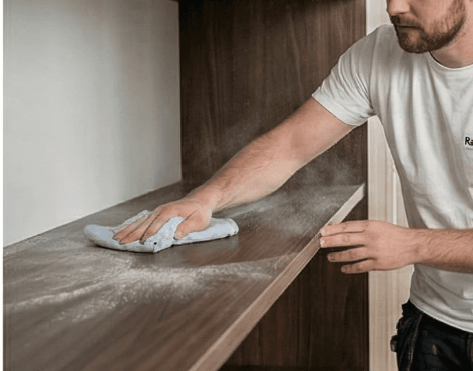 Starfsmaður að þurrka fínryk af hillum og innréttingum í nýbyggingu.