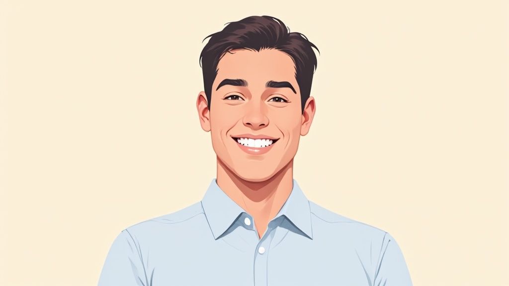 Professionelles LinkedIn Profilbild eines lächelnden Mannes im hellblauen Hemd vor neutralem Hintergrund