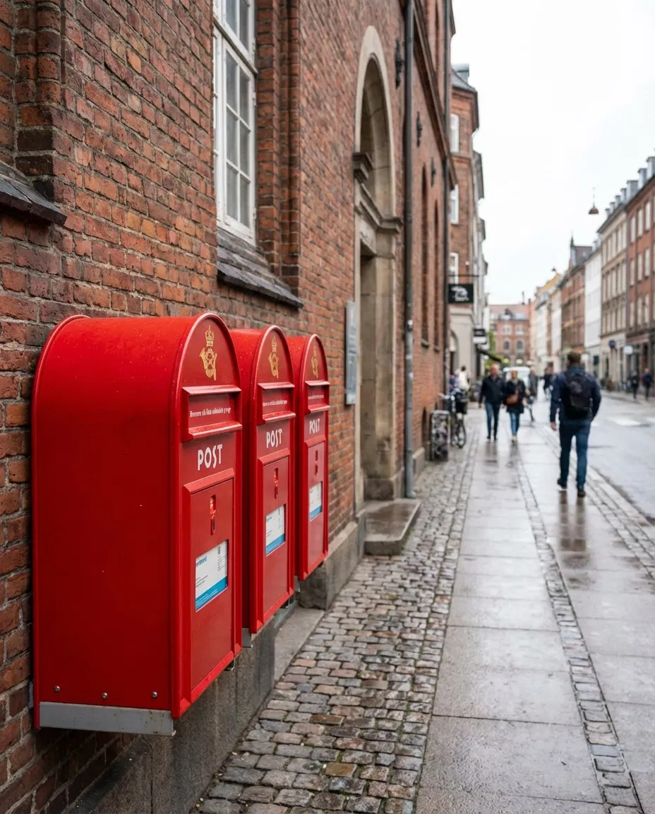 Iconic bright red Danish PostNord mailboxes on a Danish street