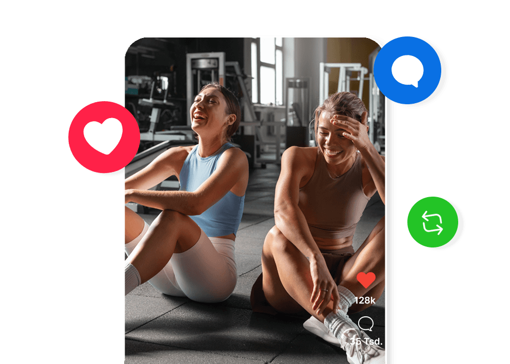 Two women laughing while sitting on a gym floor, surrounded by social media like, comment, and repost icons.