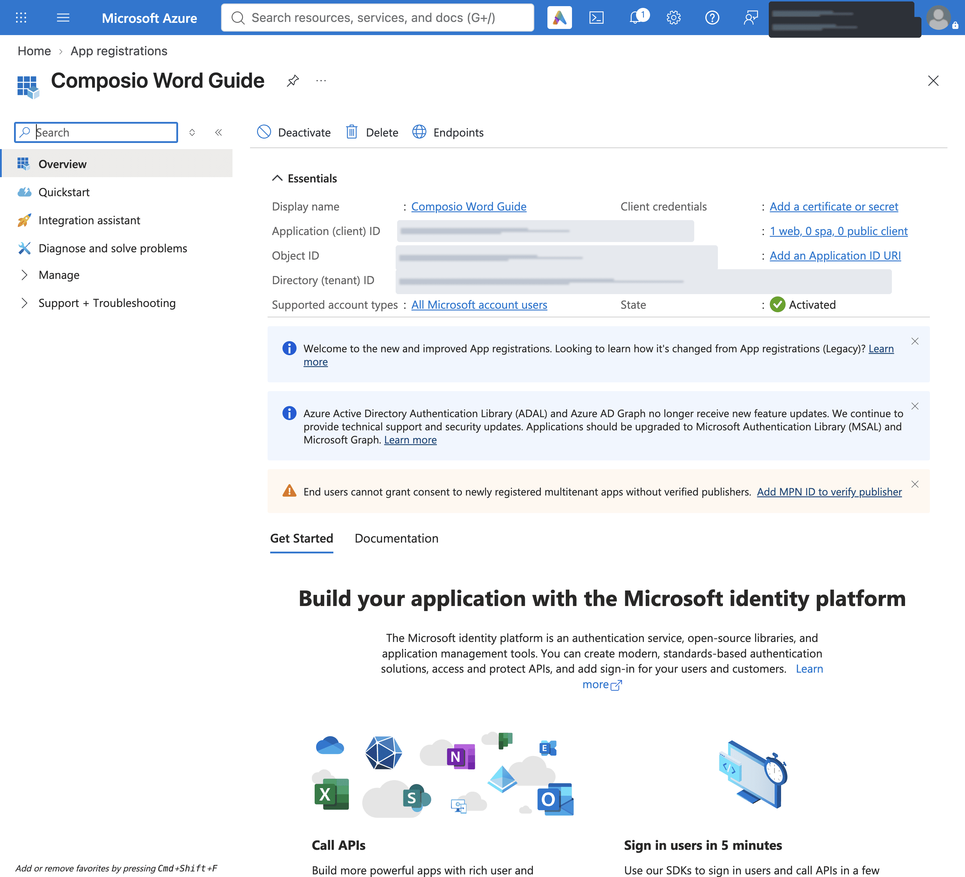 App Overview page showing the Application (client) ID