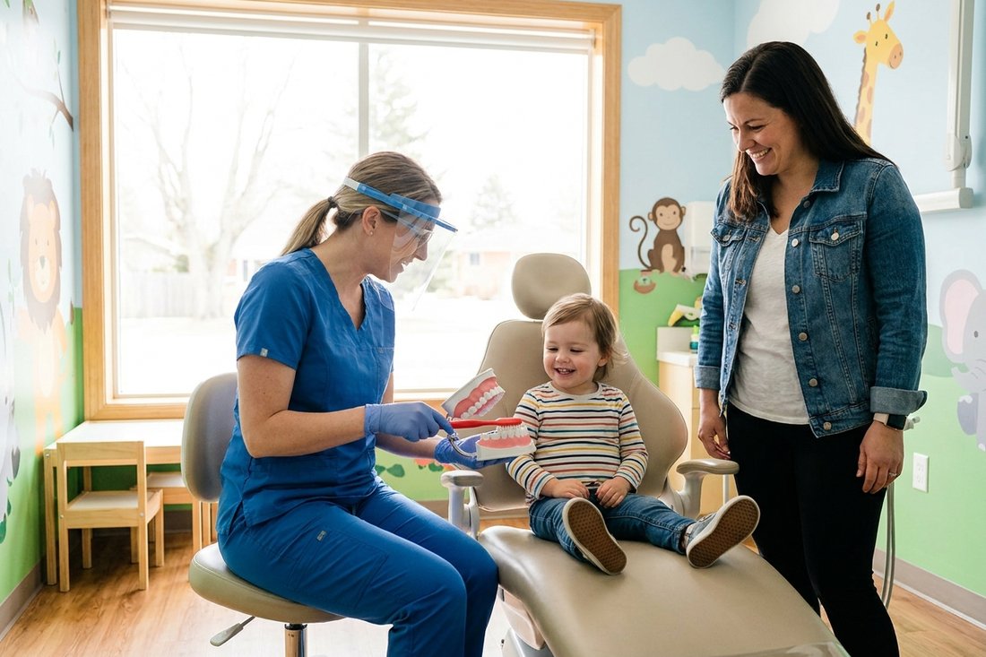Dentist coaching a young child on brushing during an early childhood dental visit while a parent watches