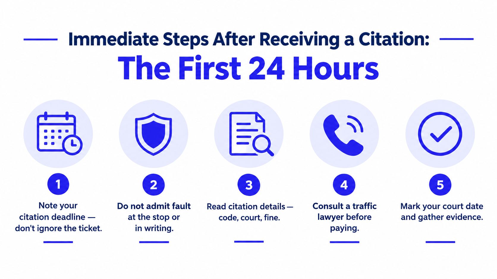 An infographic showing five essential steps to take within 24 hours of receiving a traffic citation.