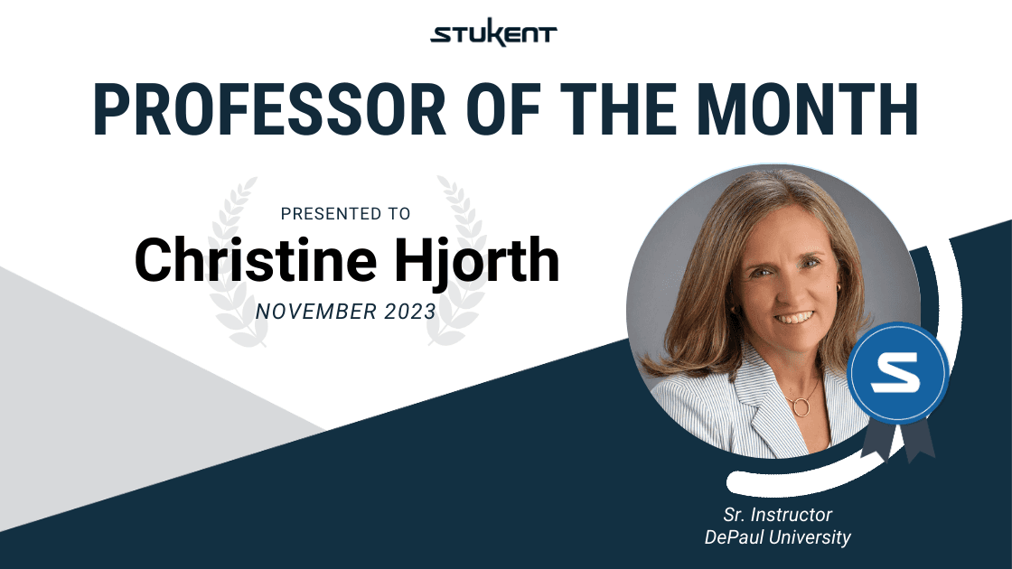 PROFFESSOF THE MONTH PRESENTED TO CHRISTINE HJORTH, NOVEMBER 2023. A Photo of Chrstine smiles next to the Stukent logo.