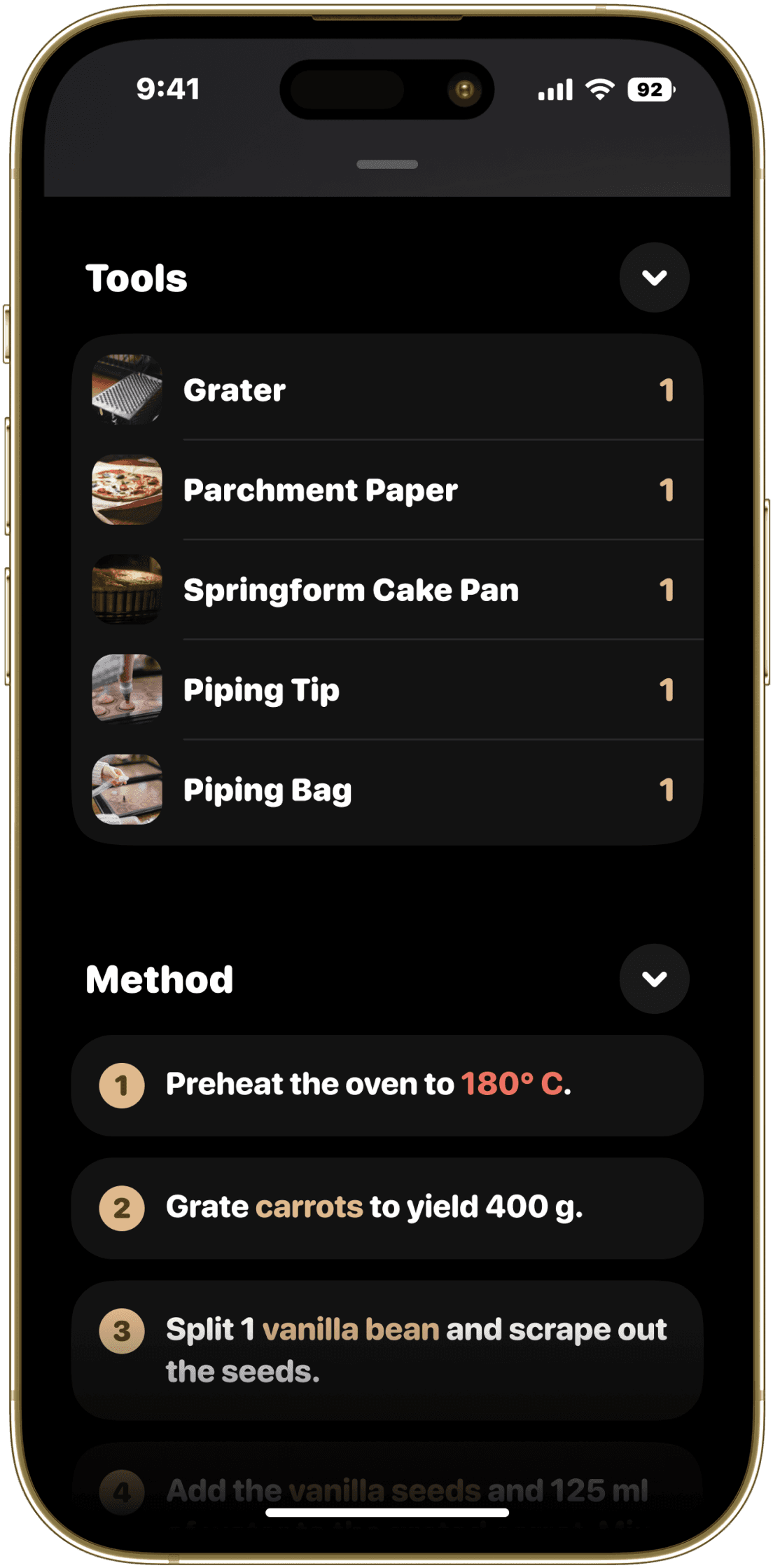 whatz2eat recipe card tools and steps screenshot iphone 14 pro gold