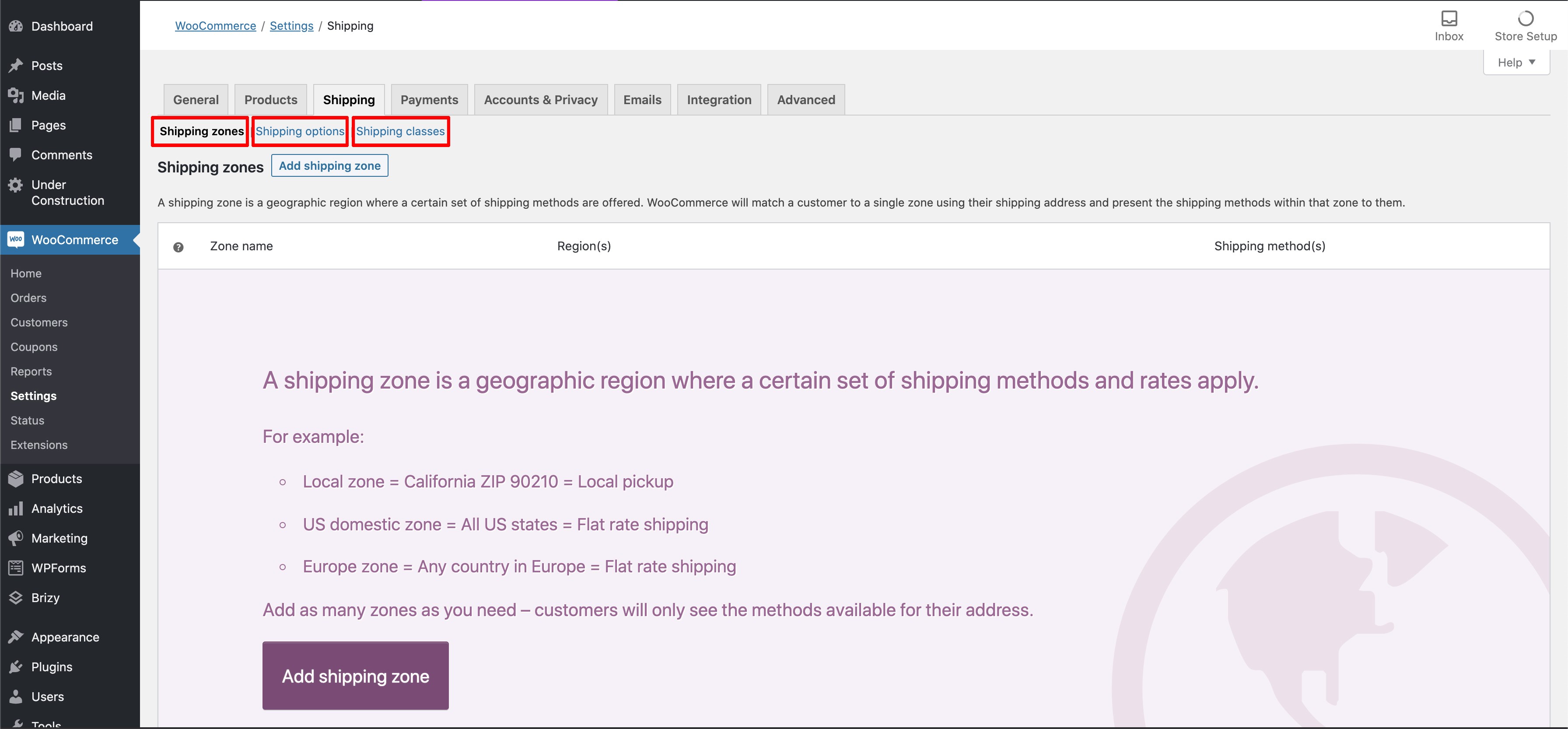 Woocommerce spedizioni: sotto menu di spedizione